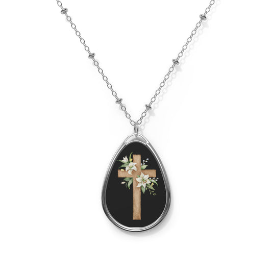 Religious Oval Necklace with Cross and Floral Design